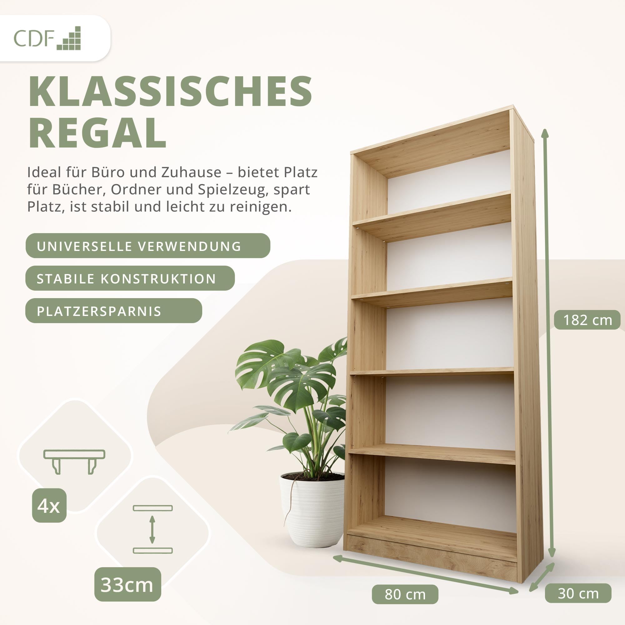 CDF Bücherregal Regal Standregal Büroregal für Ordner - Büro Wohnzimmer Homeoffice Bücherschrank zur Aufbewahrung Dokumenten Dekoration Robuste Konstruktion - Eiche Artisan 80cm