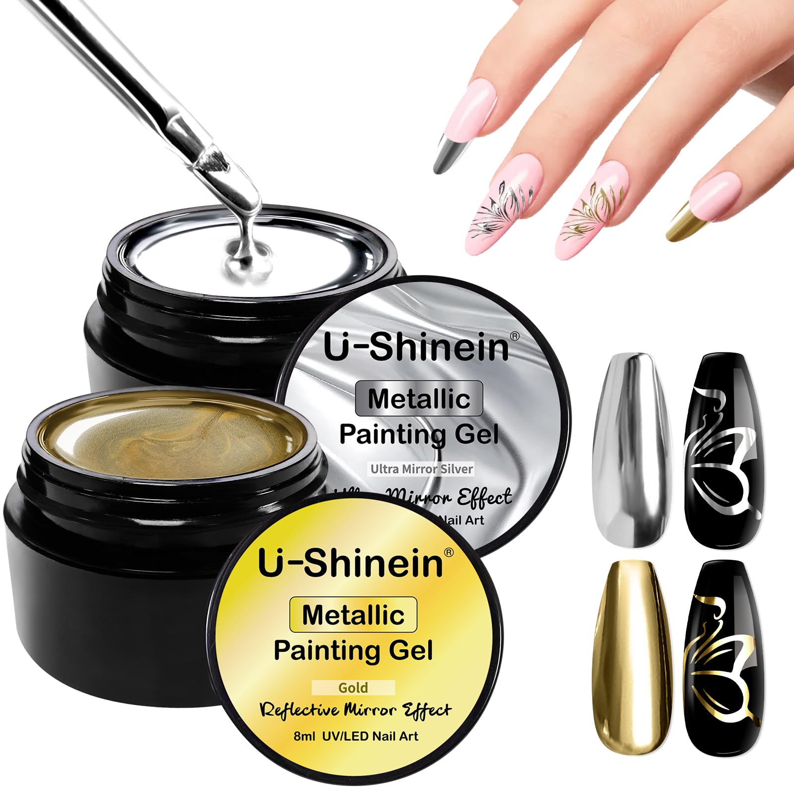 U-Shinein 2x8ml Metallic Painting Gel, Ultra Mirror Silver and Golden Painted Gel Nail Polish, 3D Metal Painting Gel Drawing Mirror Nail Gel Polish