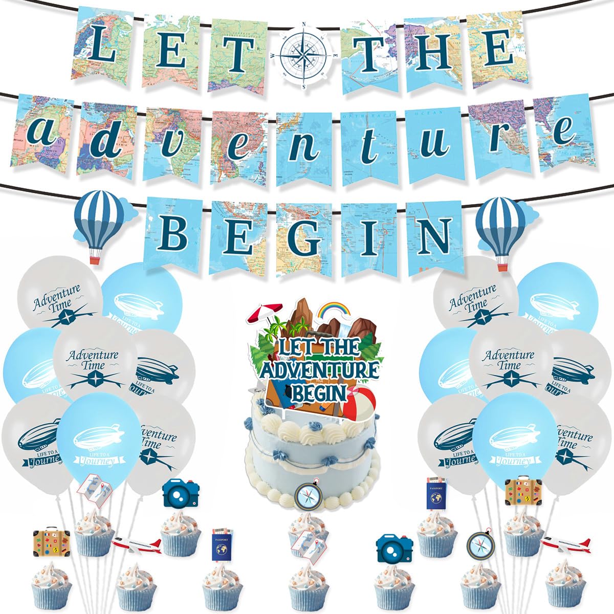Fuwraixis Explorer Balloon Decorations, World Map birthday Party Deco, Travel Theme Party Supplies Set, Includes banners, cake toppers and Latex balloons
