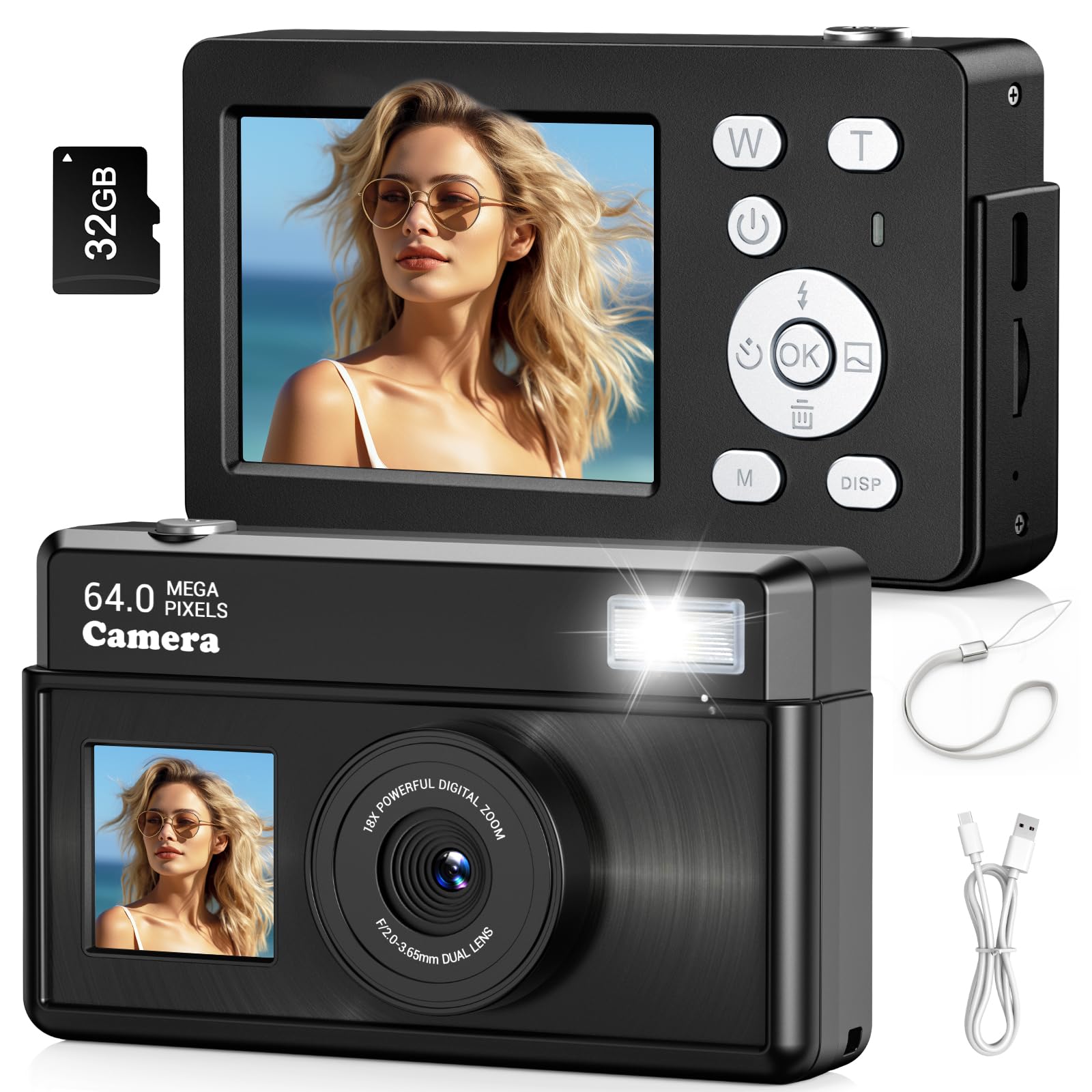 Macchina Fotografica Digitale, Fotocamera Digitale Compatta 4K 64MP, Scheda da 32 GB, Anti-vibrazione, Zoom 18X, Videocamera per Vlogging per Adolescenti, Principianti, Adult (Nero)