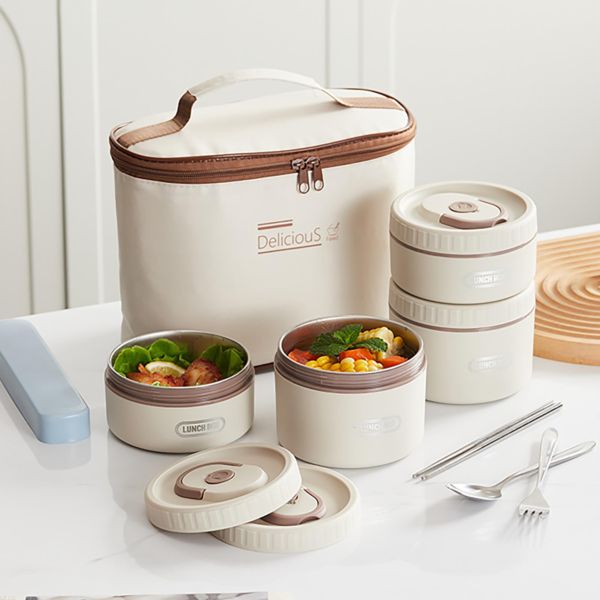 Thermobehälter Für Essen mit Gabel Löffel, Thermo-Lunchbox aus Edelstahl Mit Tasche, Tragbare Thermoschüssel mit Deckel, Essen Warmhalten Behälter für Zuhause, Büro,Beige-4 pcs