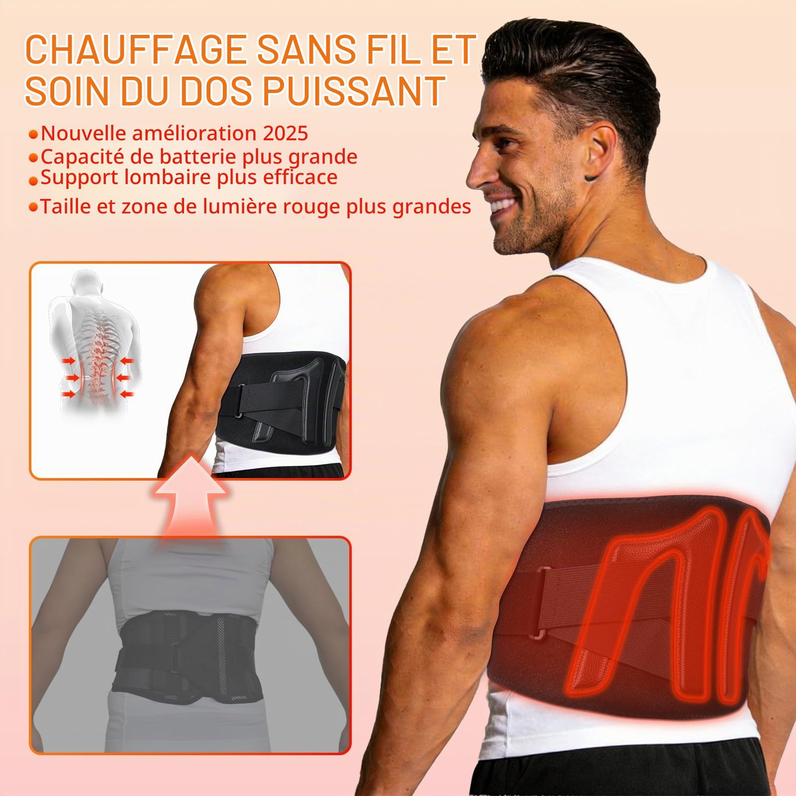 Ceinture chauffante sans fil pour le dos, soulage les douleurs au niveau du dos, du ventre, cinq niveaux de température, cinq modes, batterie 5000 mAh, arrêt automatique, écran tactile, cadeau (noir)