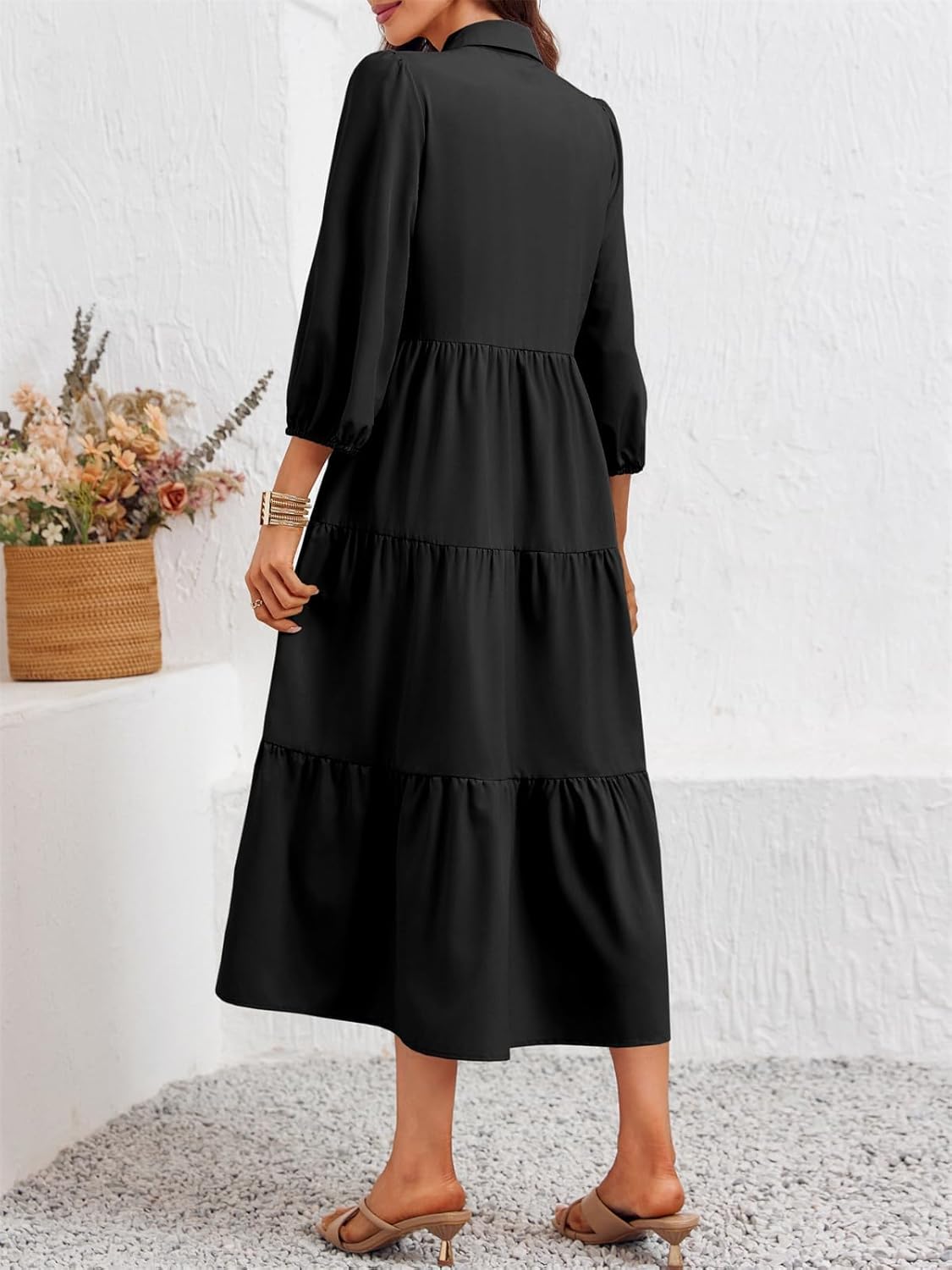 Wenrine Womens Casual 3/4 Sleeve Shirt Dress Button Down V Neck Tiered Collared Flowy Maxi Dress - Image 6
