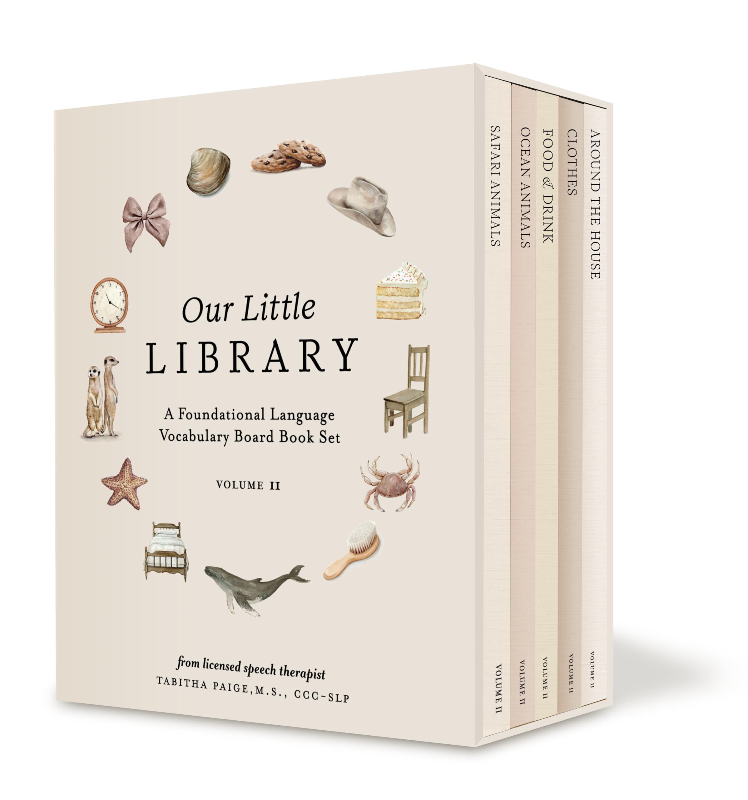 Our Little Library Vol. 2: First 100 Words Board Book Box Set, including Ocean Animals, Safari Animals, Food and Drink, Clothes, and Around the House (Tabitha Paige Children's Book Series)