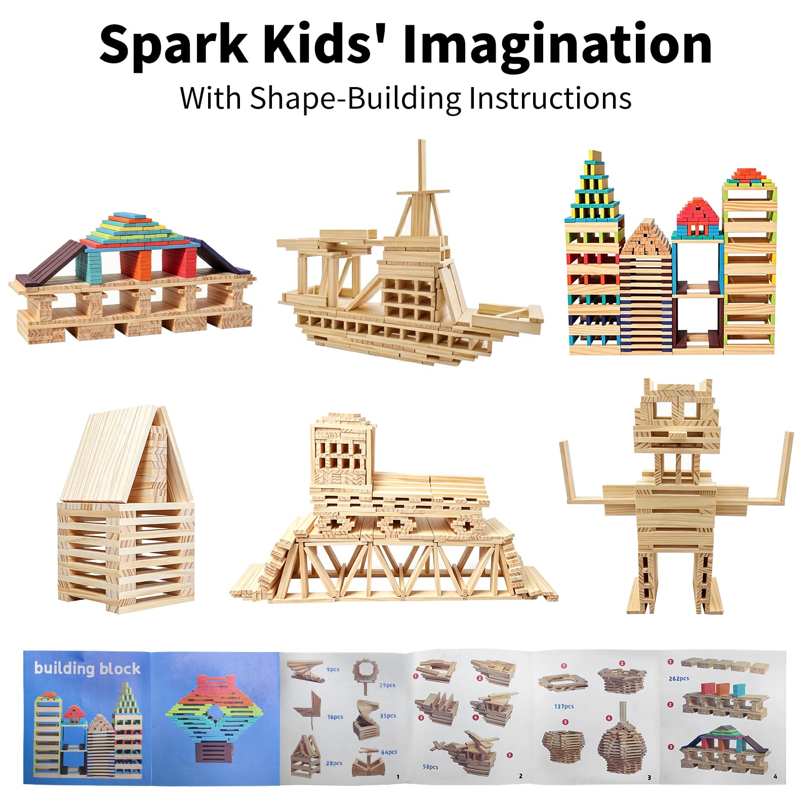 300 Stück Holzbausteine für Kinder ab 3 Jahr, Kreative Montessori STEM Bauklötze, Konstruktions-Holzspielzeug, Bildungs-Lernspielzeug, Festgeschenke für Jungen und Mädchen
