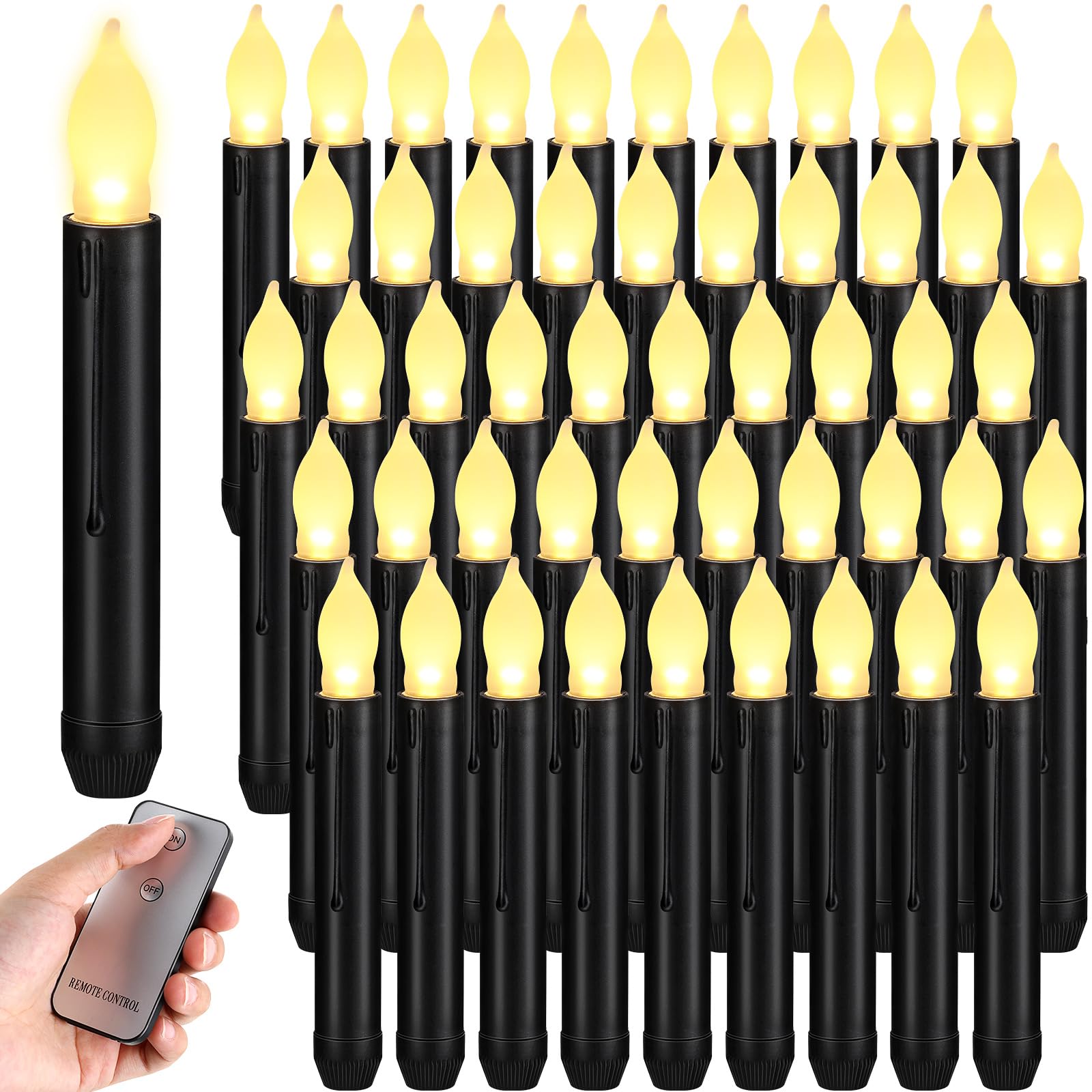 Retisee 50 Pcs Halloween Flameless Candles with Remote Black Floating Flickering Taper Candles