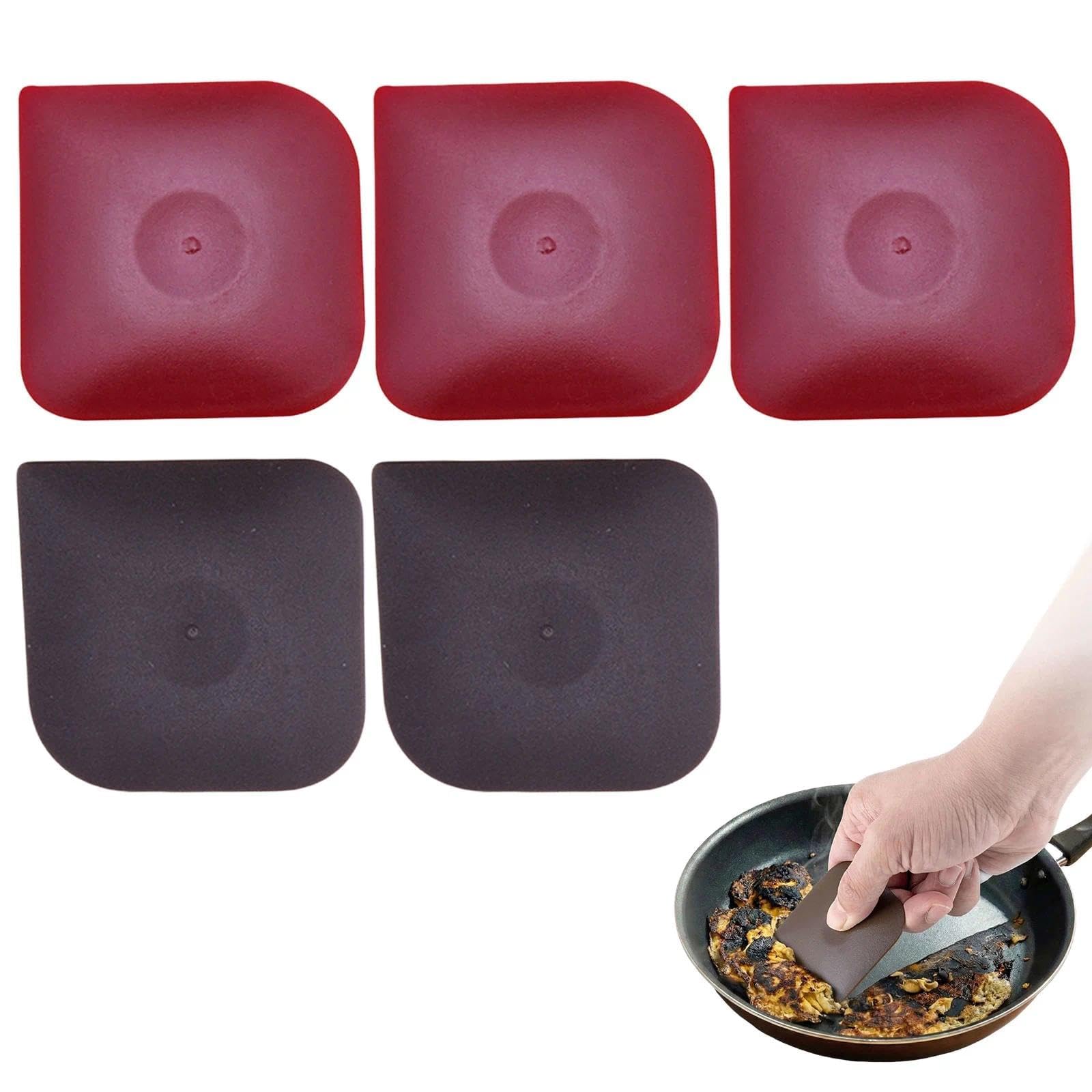 5 Pcs Pan Scraper Set, Non-Scratch Plastic Dish Scraper for Cast Iron Pots & Pans, Kitchen Cleaning Tool for Dishes, Bakeware & Countertops (2 Brown × 3 Red)