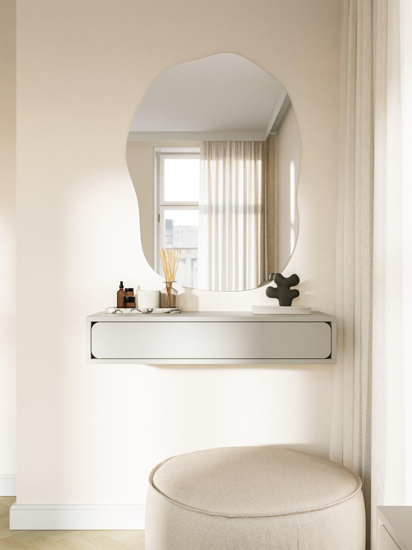 Selsey Mesa Consola de 90 x 35 x 17 cm, diseño Minimalista con cajón, cajón Colgante para salón o Pasillo, Tablero Laminado Resistente, Gris Beige, Elegante Juego de Muebles de Pasillo