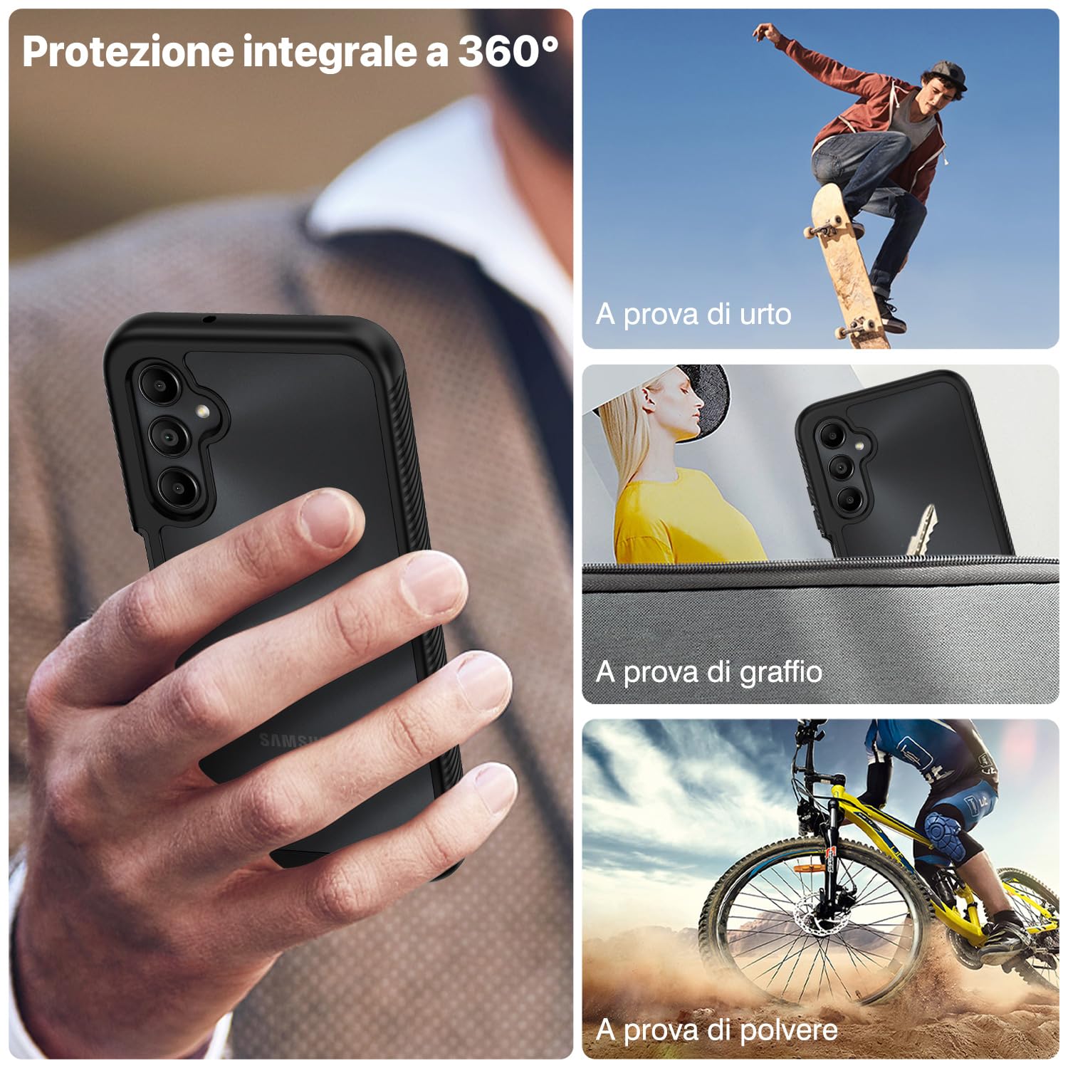 CENHUFO Cover Samsung A05s, Custodia Samsung A05s Antiurto 360 Gradi con Protezione Schermo Integrata Rugged Trasparente Case Doppia Faccia Bumper Fronte Retro Cover per Samsung Galaxy A05s -Nero