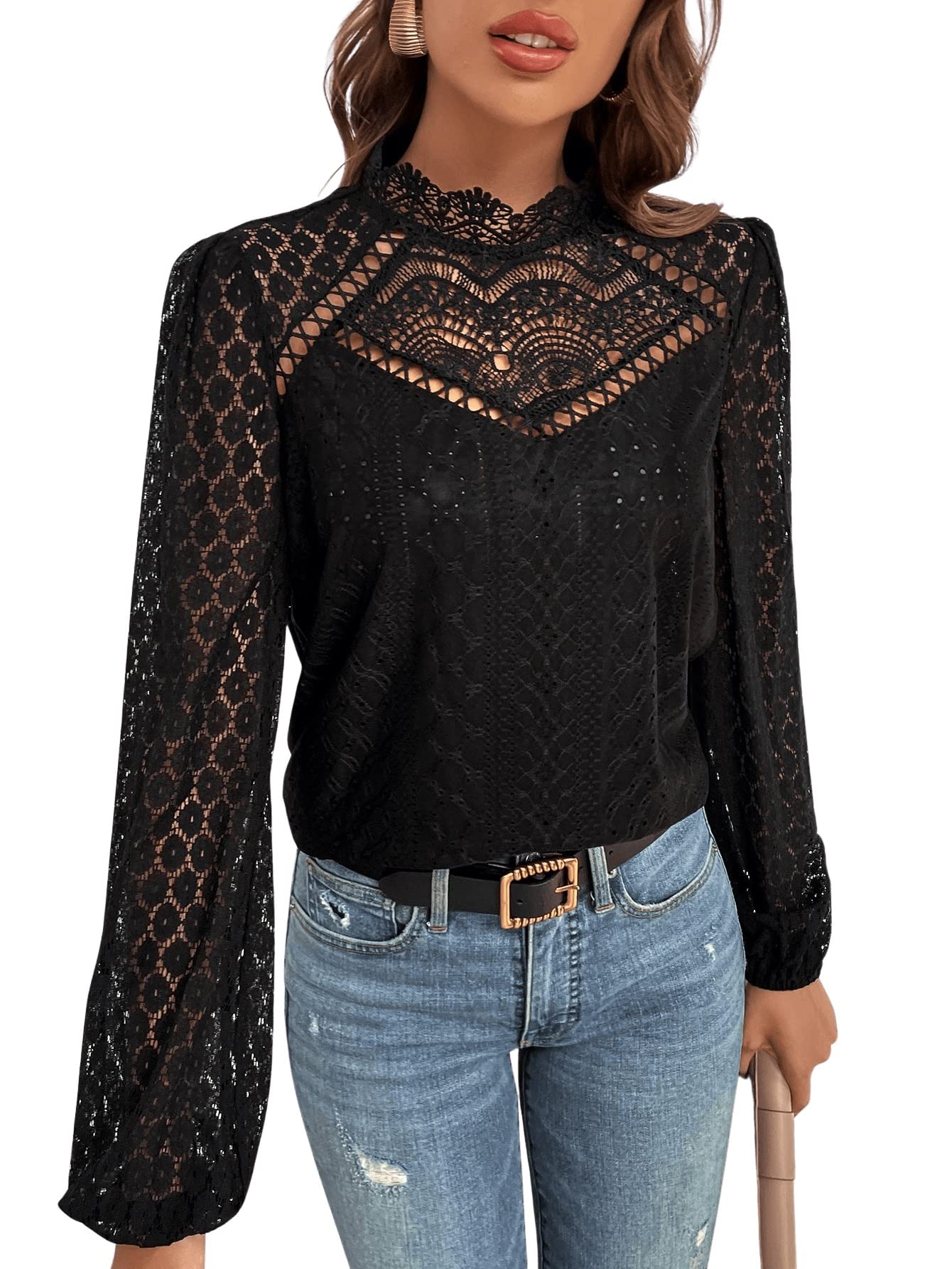 GORGLITTER Blusa elegante para mujer, cuello alto, manga larga, encaje, túnica, blusa con mangas de farol