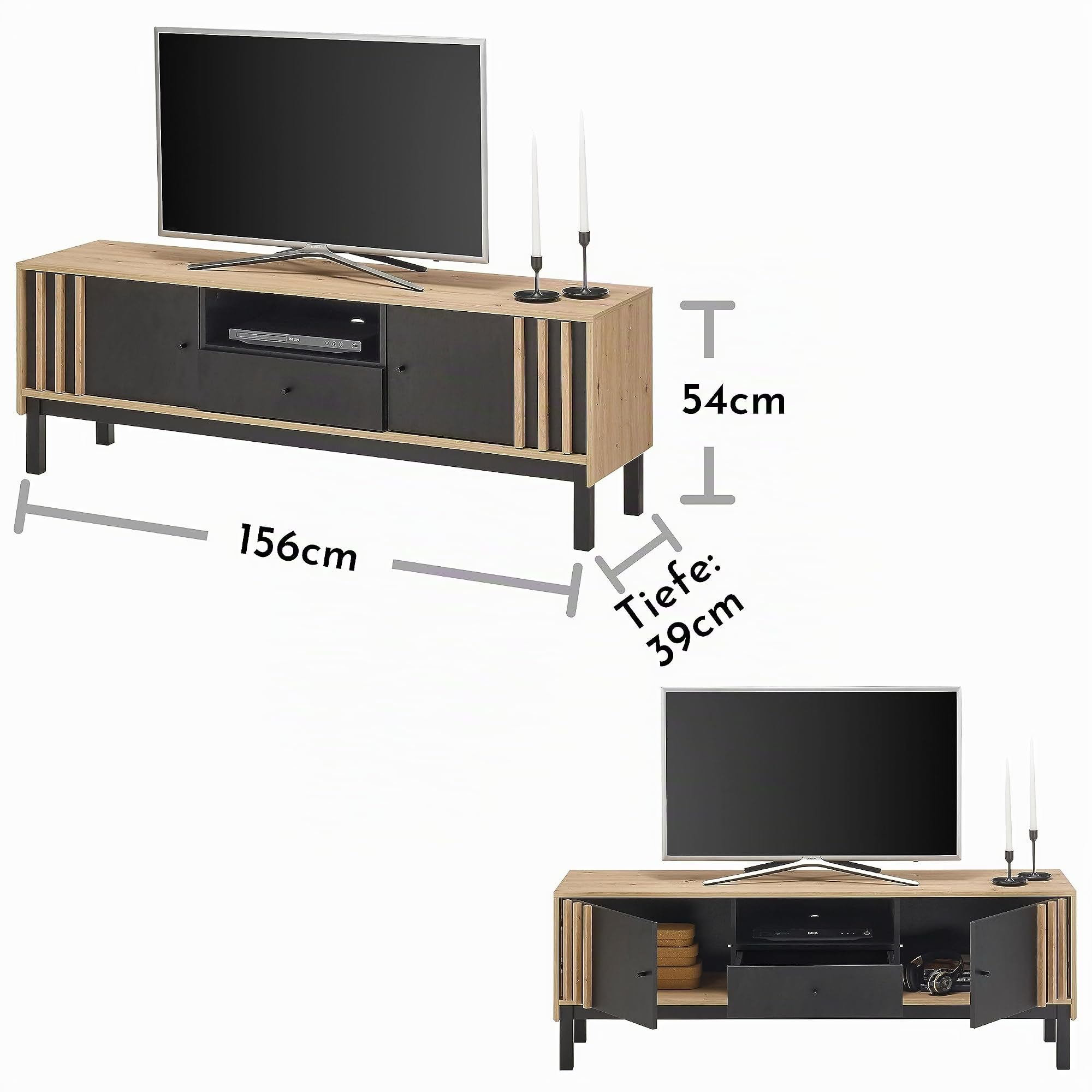 VOLANO TV-Lowboard in Artisan Eiche Optik, Schwarz - Moderner TV Schrank mit Schublade und viel Stauraum für Ihr Wohnzimmer - 156 x 54 x 39 cm (B/H/T)