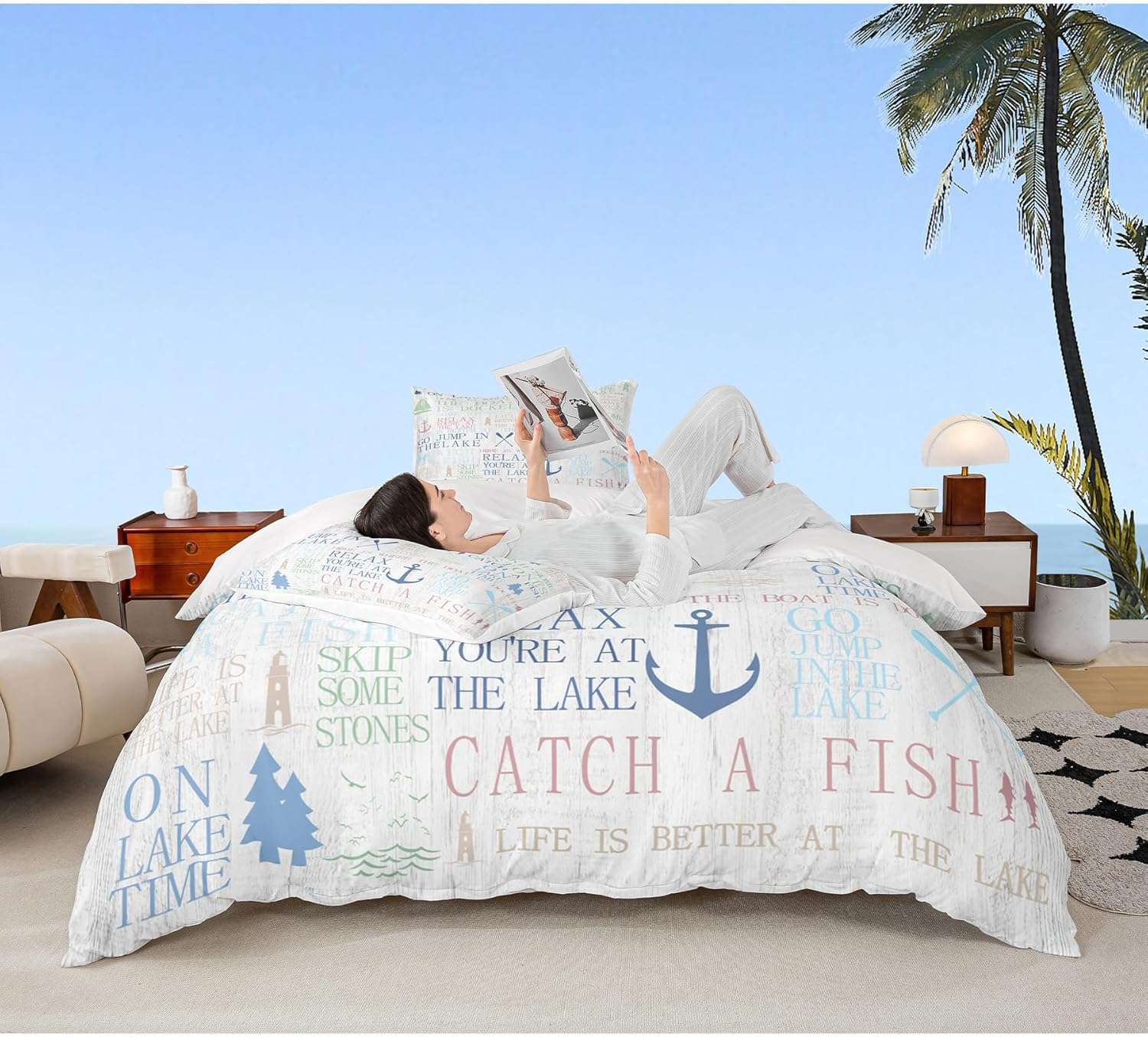Nautical Anchor Bedding Set Single Size,Lake House Duvet Cover Sets 3pcs for Kids Teens Adult Room Decor,Outdoor Adventure Comforter Cover Lake House Quilt Cover 1 Pillowcase,White