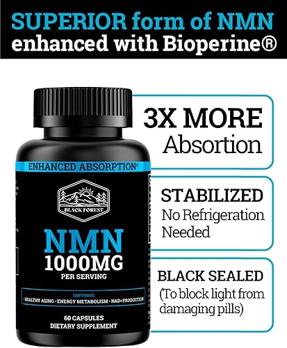 Miniatura 3 de Black Forest Suplementos NMN 1000mg (mononucleótido de nicotinamida) 99% puro, forma estabilizada, BioPerine para una biodisponibilidad mejorada (60