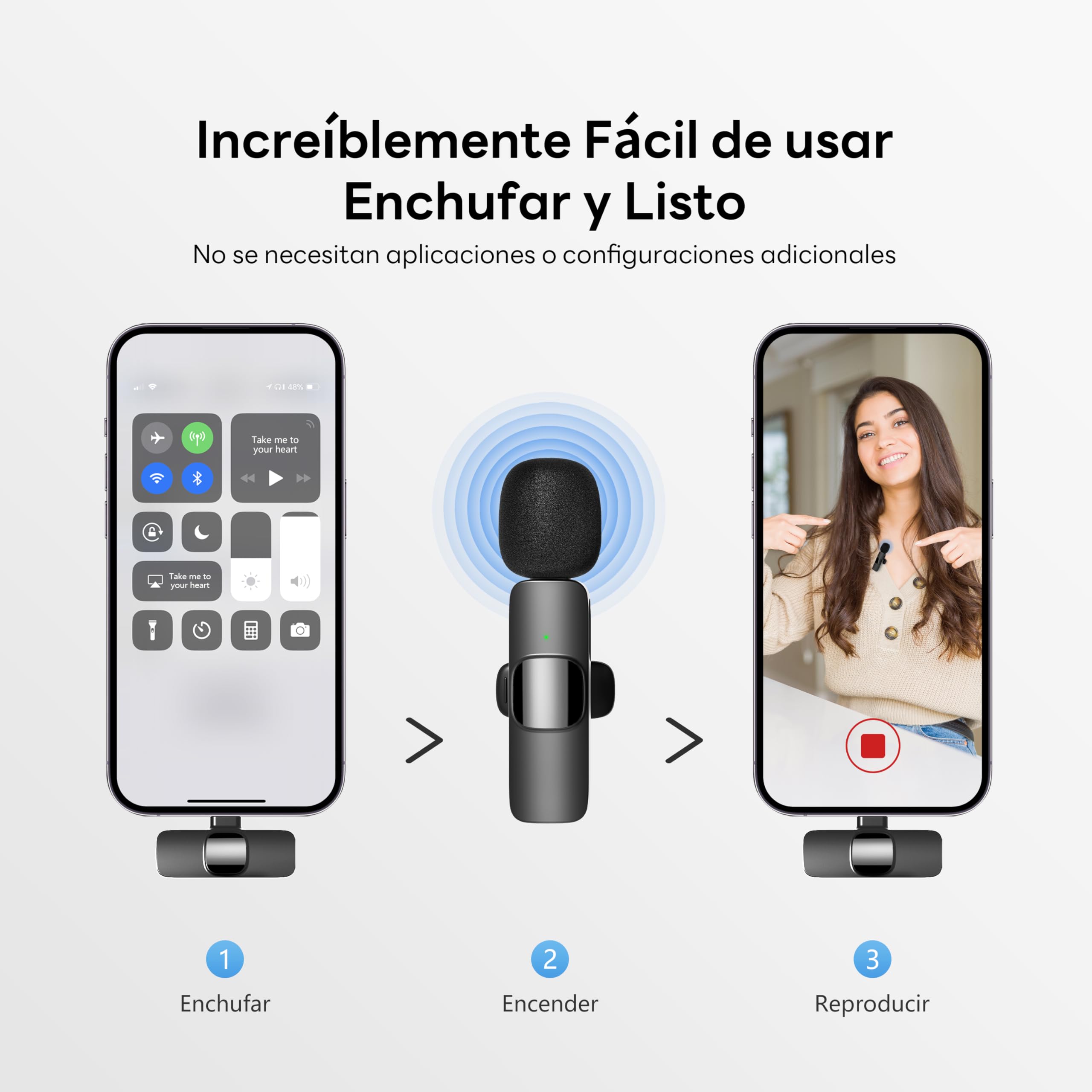Microfono Inalambrico para iPhone y Android, Doble Microfono Solapa con Cancelación de Ruido DSP, Plug & Play, 10 Horas de Batería, con Adaptador Lightning, para Podcast, Streaming y Youtube