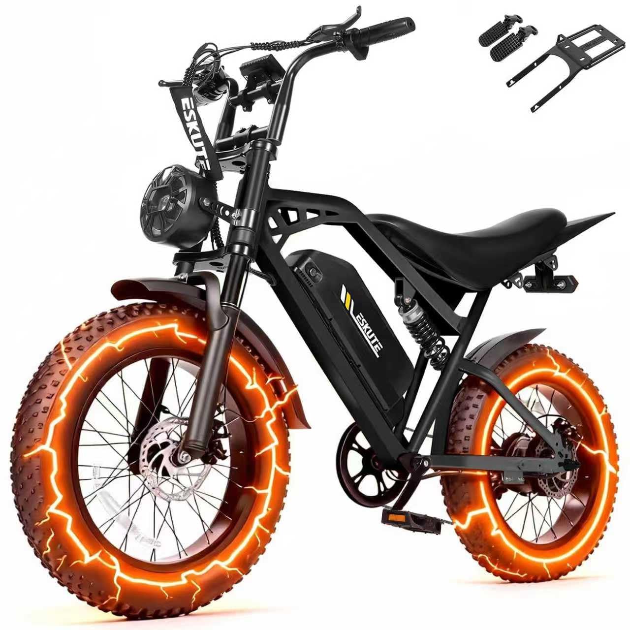 Elecby Electric Dirt Bike Adults, 1300W Peak 52V20.8Ah ebike, 20" x4.0 Fat Tire, Streamlined E-Motorcycle with 7 Speeds for Youths, V200，Black with Rear Rack + Footrests