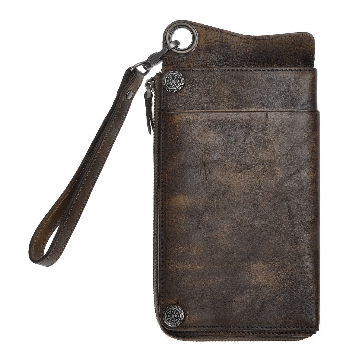 ZLYCVintage Handmade Dip-dye Leather Wallet Card Holder Long Clutch with Detachable Wristlet