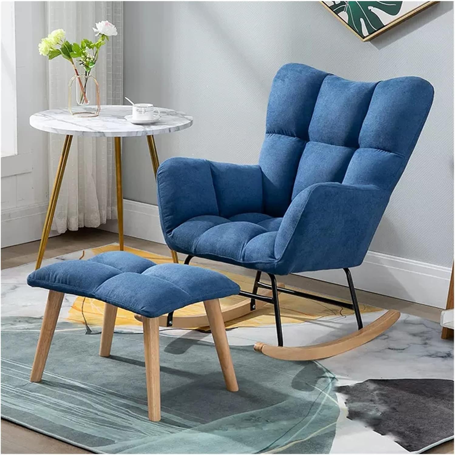 DIROVO Velvet Rocking Accent Chair Uplostered Glider Rocker Armchair with Ottoman,Comfy Side Chair Uplostered Rocking Chair with High Backrest and Armrests(Blue-1)