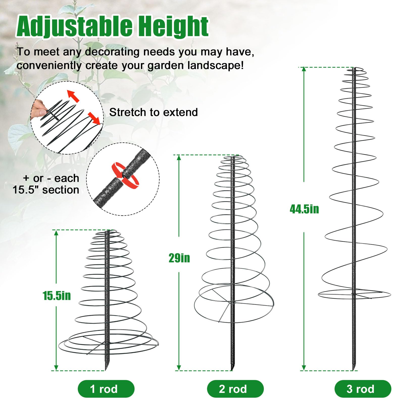 Rankgitter mit Spiralrahmen für Kletterpflanzen im Innen- und Außenbereich, 111,8 cm, verstellbar, strapazierfähig, Metall, Gartenpflanzenstütze mit Anti-Wackelschrauben, für Stangenbohnen, Tomaten