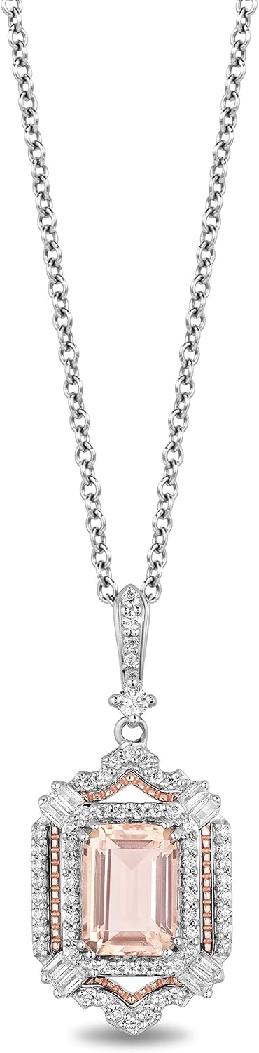 Jewelili Enchanted Disney Fine Jewelry Sterling Silver and 10K Rose Gold with 1/4 Cttw Diamond And Morganite Aurora Pendant