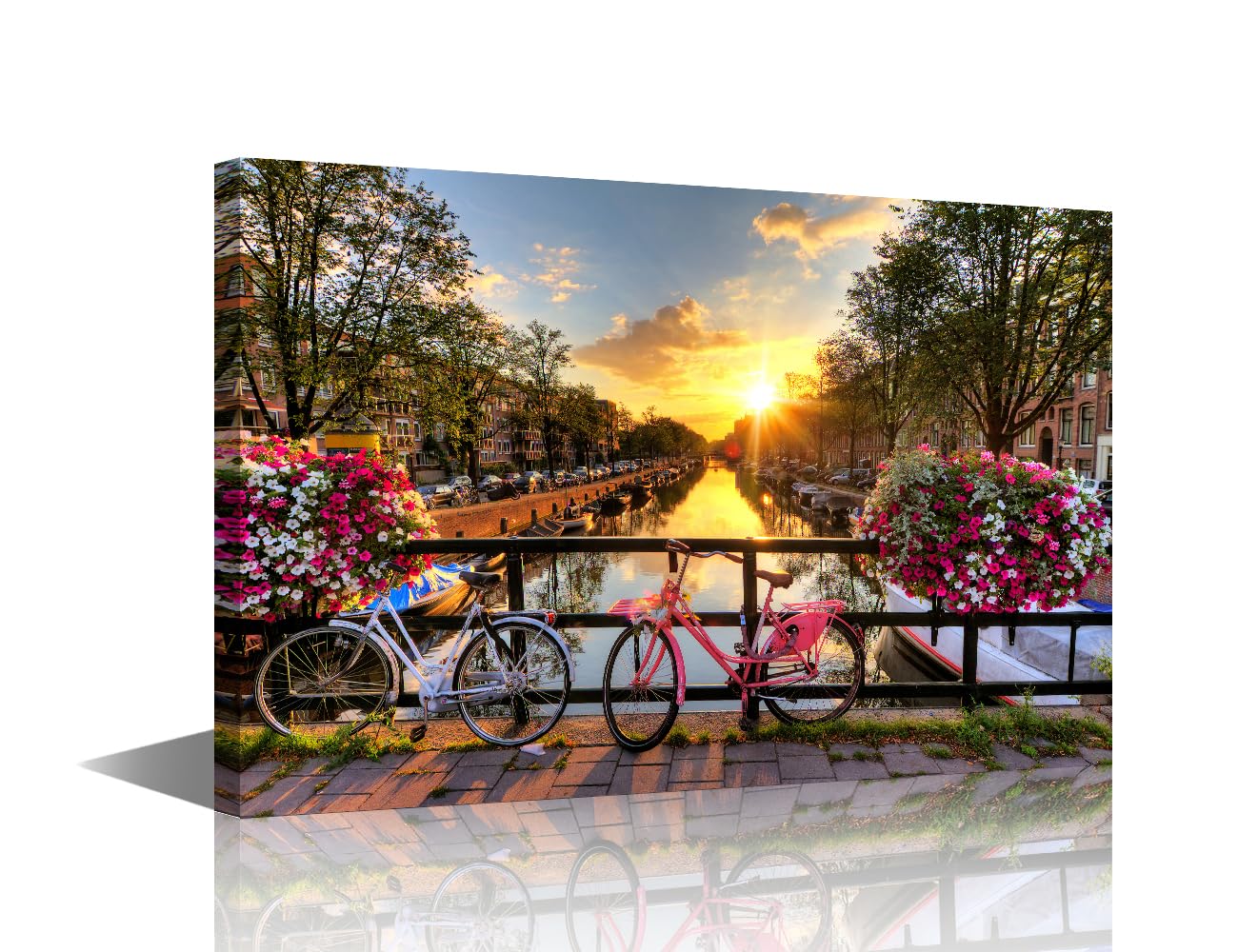 1 Panels Modern Canvas Wall Art Flowers and Bicycles on the Bridge in Spring, Netherlands Print On Canvas for Home Decorations, Landscape Artwork Framed Ready to Hang, 24"Wx16"H