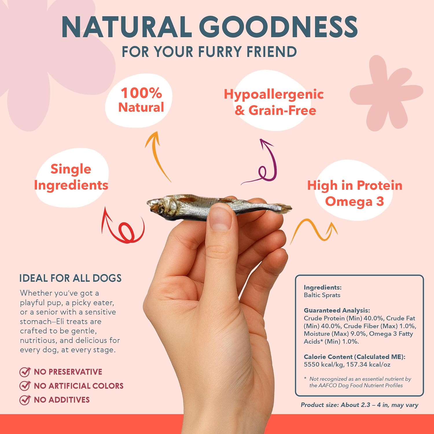 Eli Baltic Sprats – Natural Dog Treats, Whole Small Fish, High in Protein and Omega-3, Grain Free, Single Ingredient, No Additives, Gluten Free, Air Dried, Training Snack or Meal Topper – 2 lbs