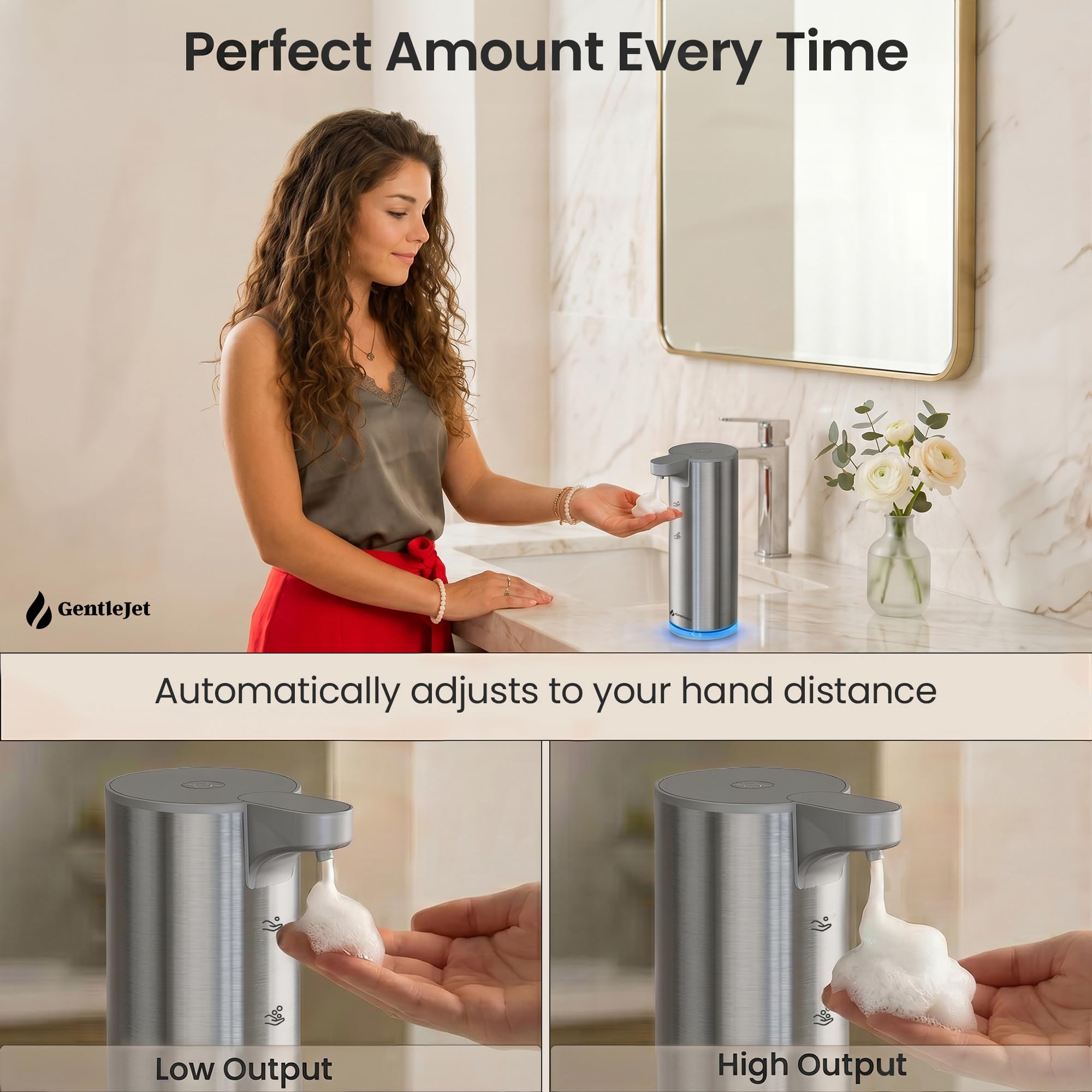 GentleJet EasyFoam Automatischer Schäumender Seifenspender, Berührungslose USB-C Wiederaufladbare Sensorpumpe, 304 Edelstahl, Verstellbarer Schaum, IPX5 Wasserabweisend für Bad & Küche, 295.7 ml