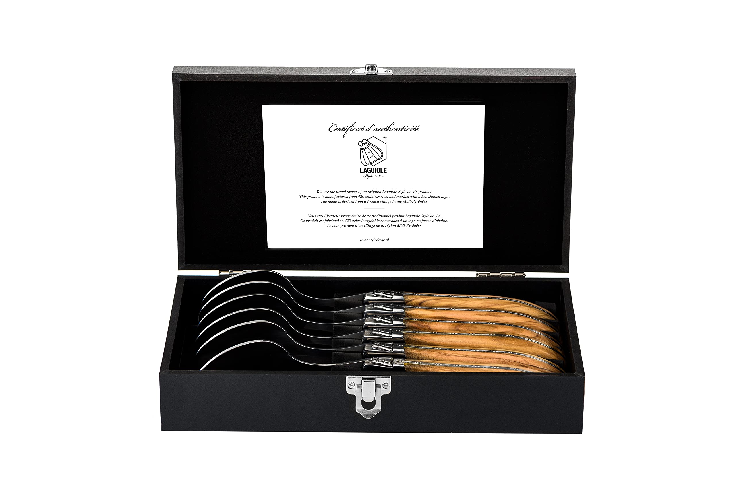 Set Di 6 Cucchiai In Legno D'Ulivo E Acciaio - Stile Laguiole, Lunghezza 23cm, Confezione Regalo In Scatola Di Legno