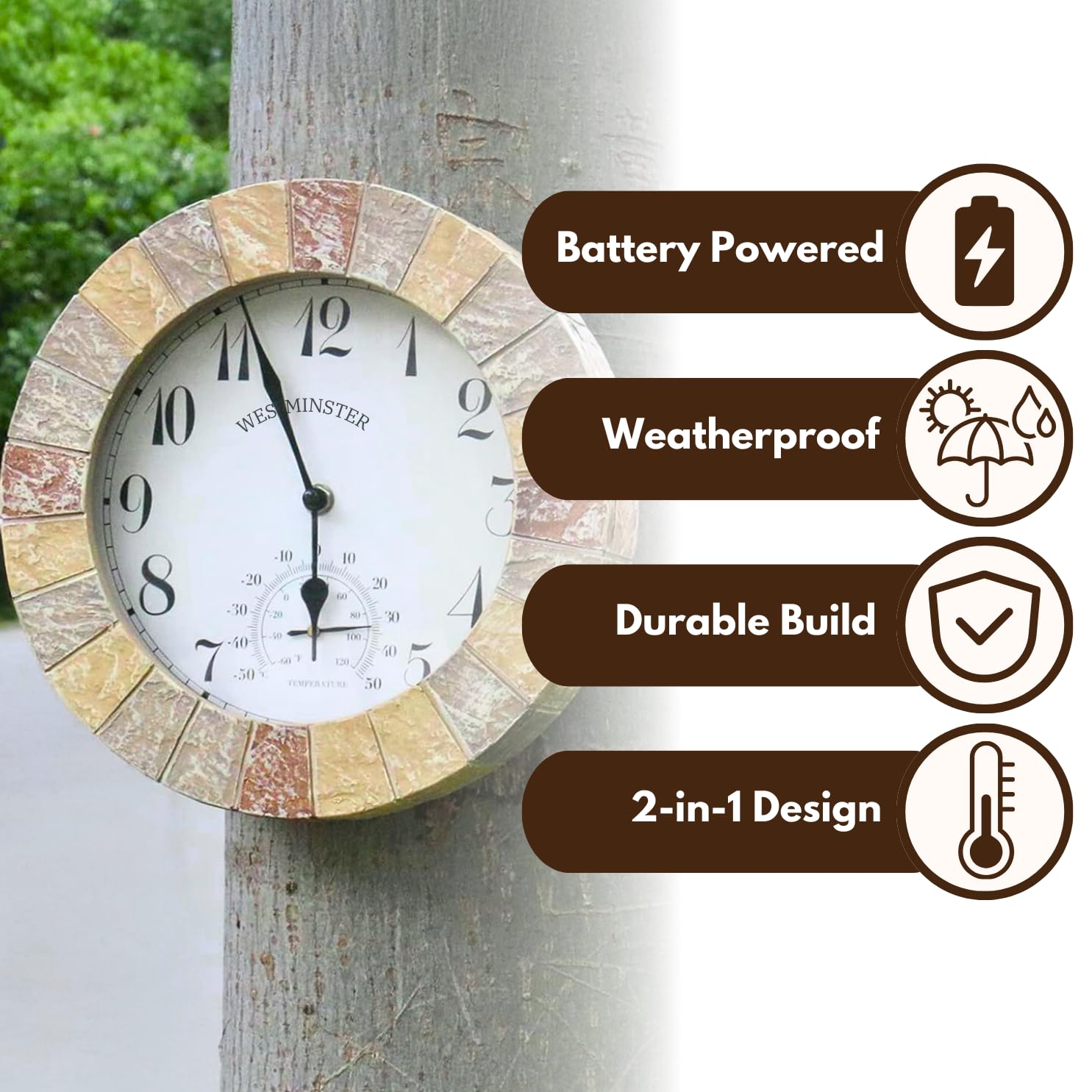 westminster garden clock and thermometer