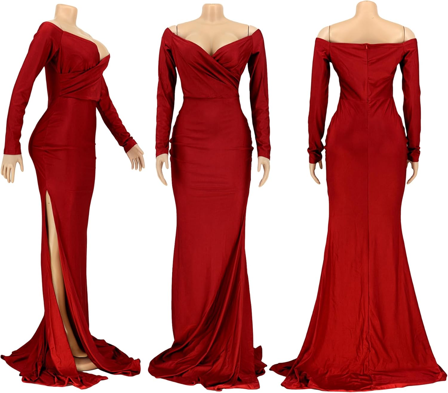 Vakkest Women's Off Shoulder Prom Evening Gowns Sexy High Split Maxi Dress Long Sleeve Cocktail Wedding Guest Dresses - Image 6