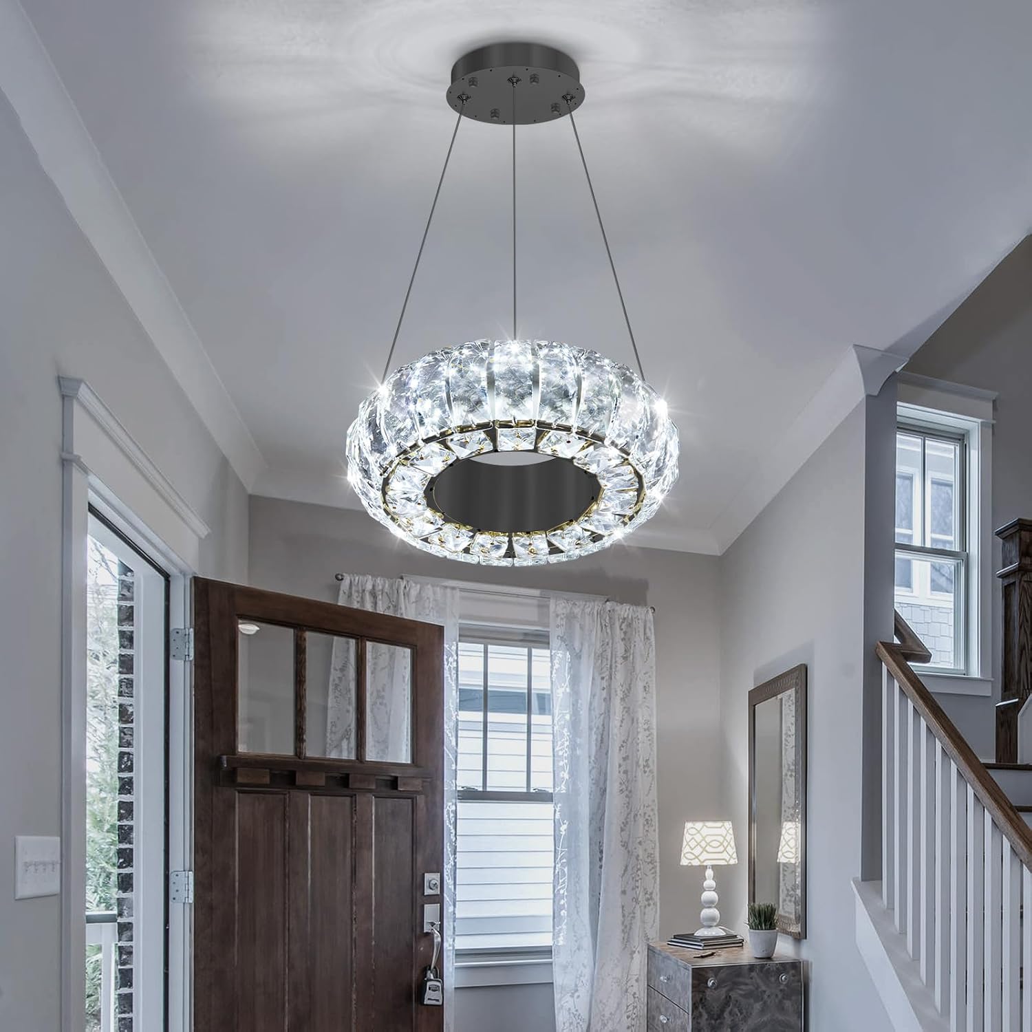 8" Ring Modern LED Dimmable Crystal Chandelier Adjustable Height Pendant Light Round Crystal Chandelier Light Fixtures for Dining Room Living Room Kitchen Island Black