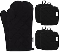 Win Change 6-Piece Oven Mitts & Pot Holders Set - 484°F Heat Resistant Thick Cotton, Anti-Slip Black Kitchen Essentials