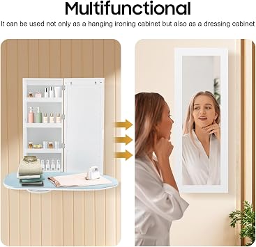 Wall Mount Ironing Board Cabinet, Built-in Swivel Ironing Board Foldable with Storage, Wall Hanging with Mirror, White for Edrooms, Checkrooms, Small Houses, Sewing Rooms, Bedrooms