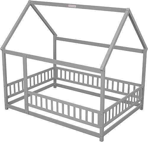 Miniatura 6 de NCKMYB Cama de casa para niños con valla, cama de suelo de madera, cama Montessori completa para niños pequeños, cama de casa de juegos para niños,