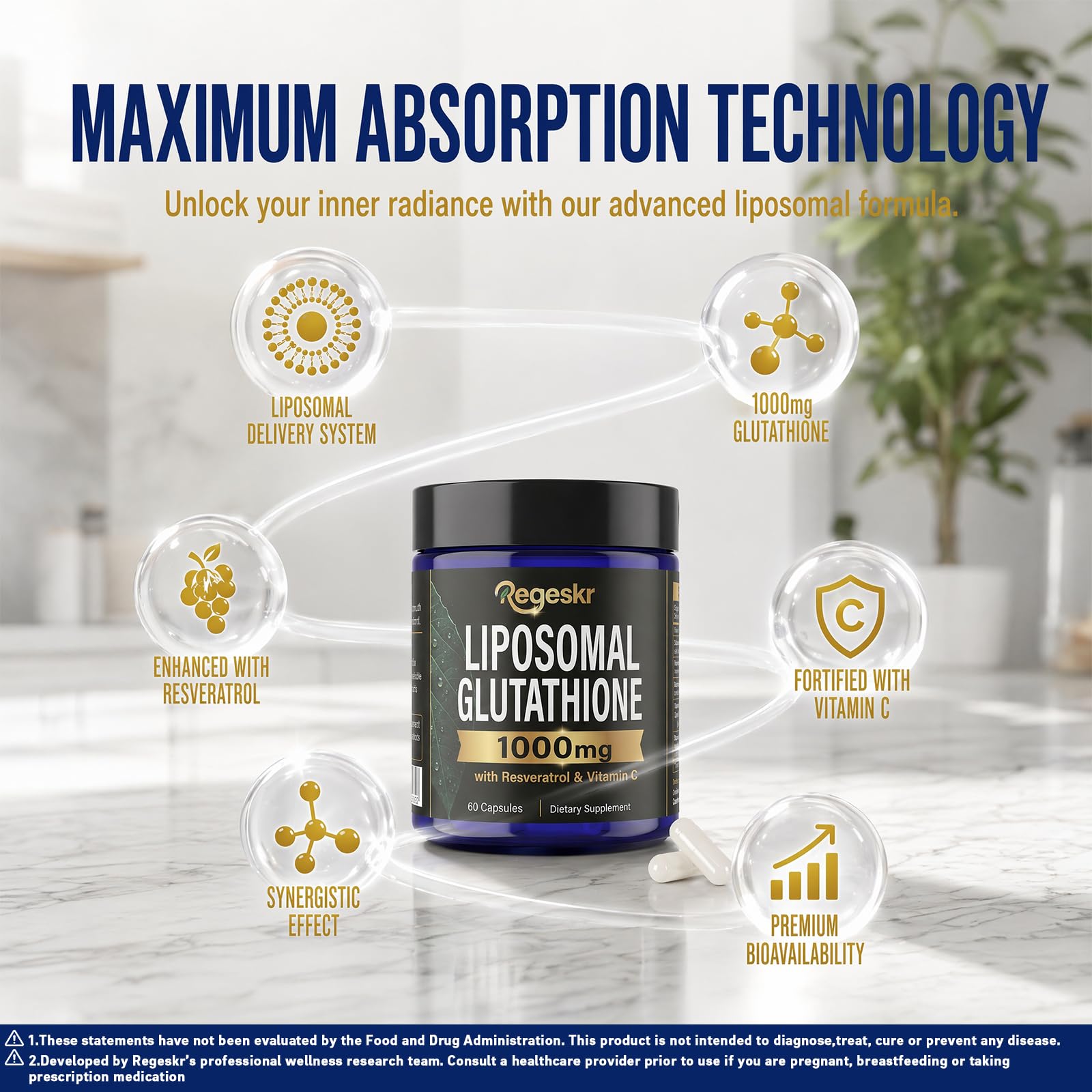 Pure Reduced Liposomal Glutathione Supplement, Handcrafted 1000mg Glutathione Blend with Resveratrol & Vitamin C, Physicians Choice，Liver & Immune Wellness Support, 1 Bottle (60 Capsules) — Amazon image 3