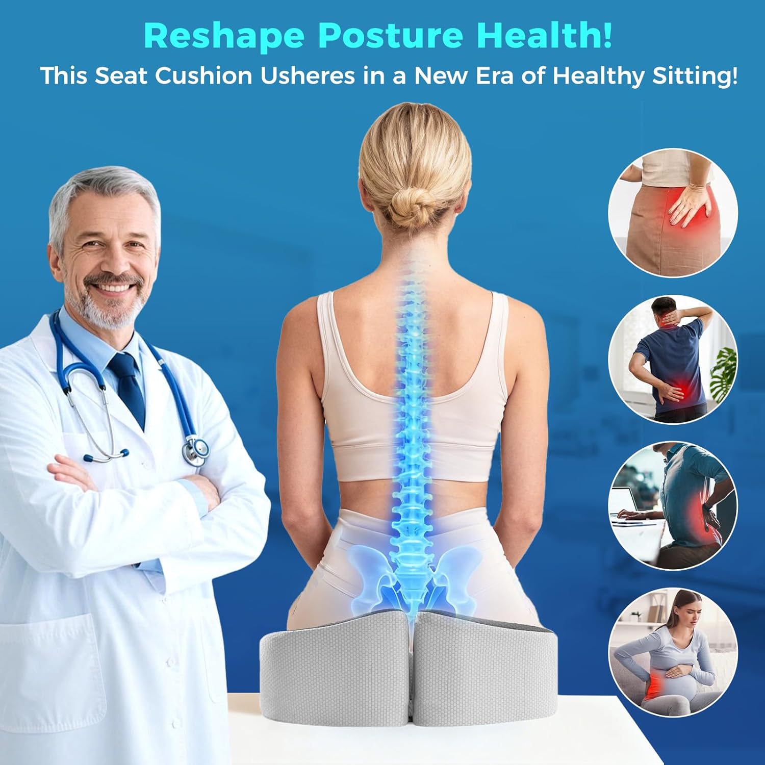 Seat Cushion for Office Chair with Adjustable Loft, Thick Memory Foam Chair Cushion for Back & Sciatica Tailbone Coccyx Pain Relief on Home Chair, Ergonomic Wheelchair Desk Pillow Hip Shaping Support