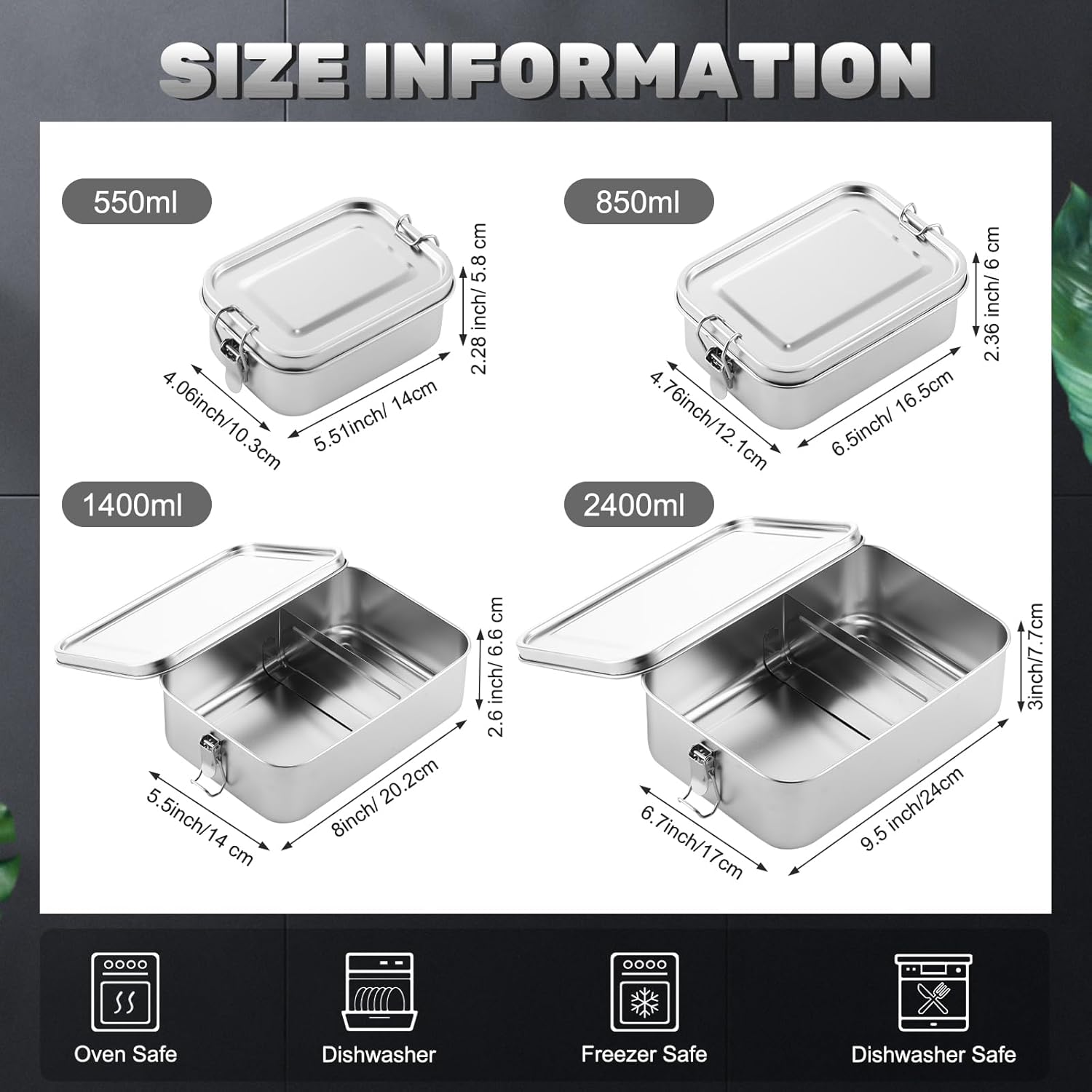 Umigy 8 Pcs Stainless Steel Food Containers 550/850/1400/2400 ml Metal Bento Lunch Box Stainless Steel Food Storage Containers, Lockable Clips to Leak Proof, Reusable Dishwasher Snack Boxes for Work - Image 2