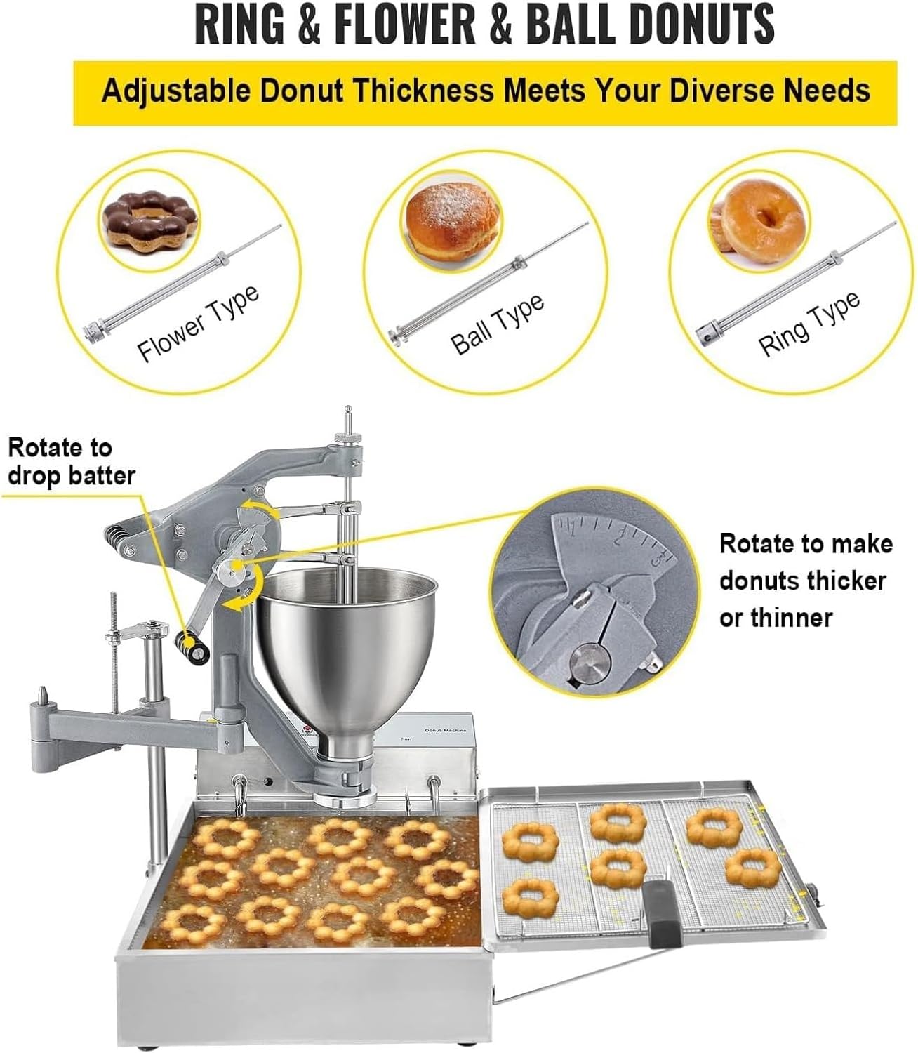 Commercial Donut Maker Machine, 3000W Manual Doughnut Fryer, 9L Capacity Mini Fryer for Homemade Donuts, Perfect for Bakeries and Events