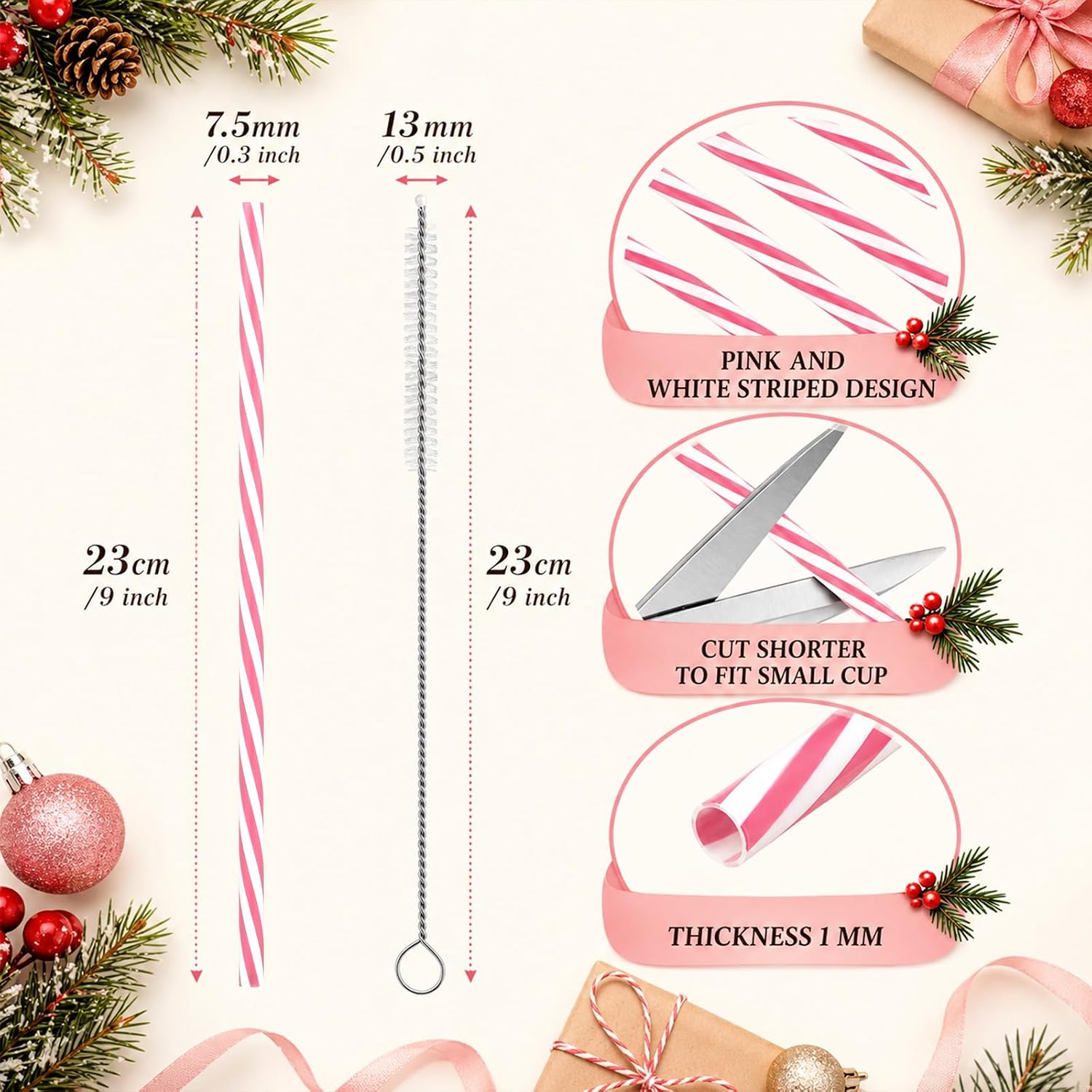 Vesici 50 Pcs 9 Inch Pink and White Plastic Straws Reusable Cleaning Brush