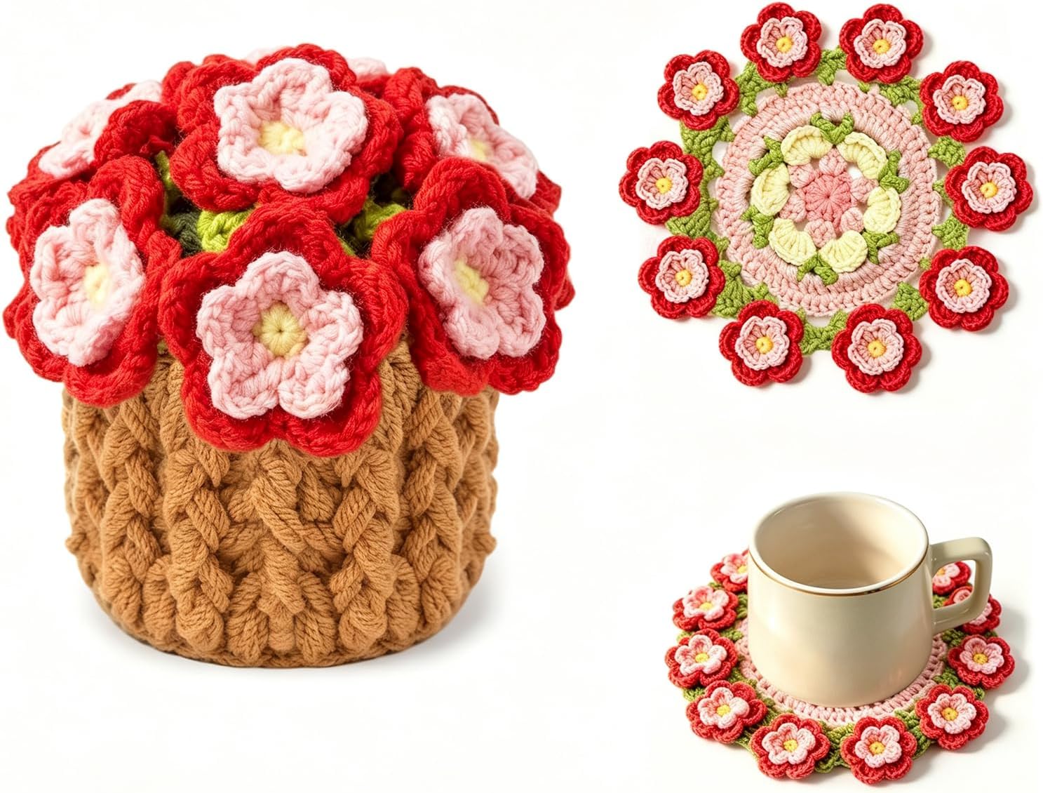 Birthday Gifts for Women Crochet Peache Flowers Coasters Bouquet Home Decor