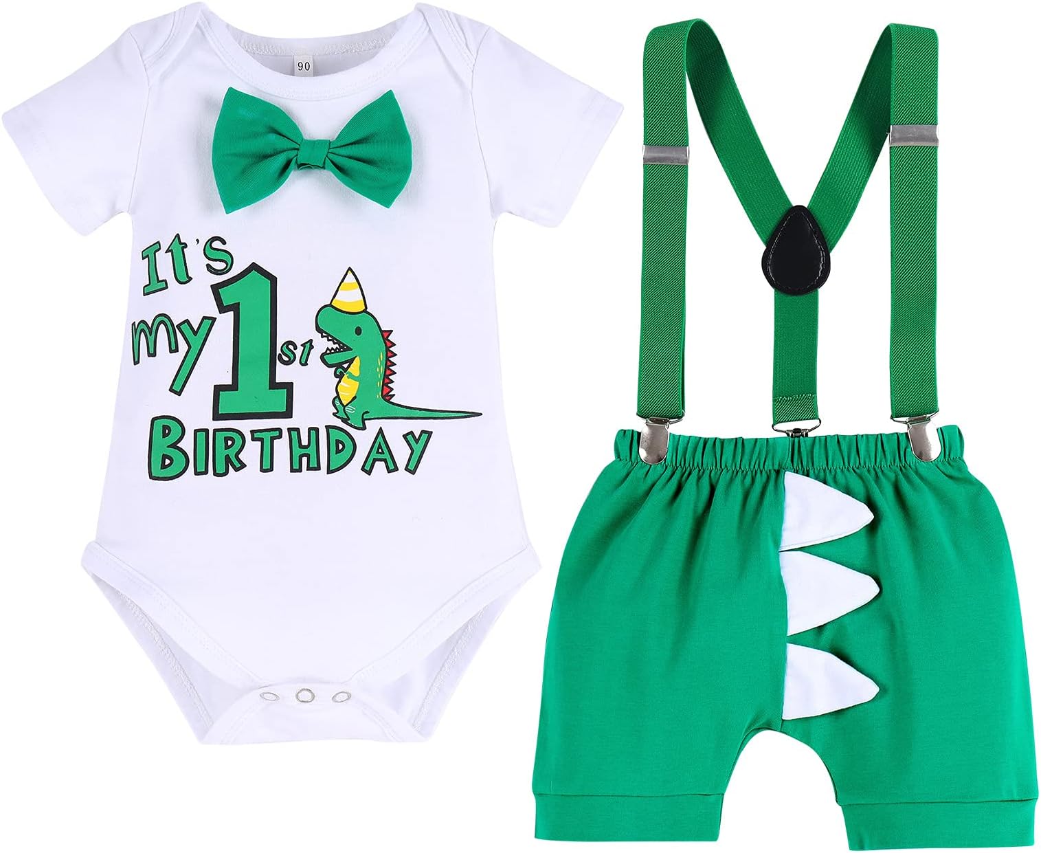 IWEMEKBaby Boys Dinosaur 1st Birthday Cake Smash Outfits Little Gentleman Bowite Romper + Y-back Adjustable Suspenders + Shorts Formal Pageant Party Suit Photo Shoot Costume
