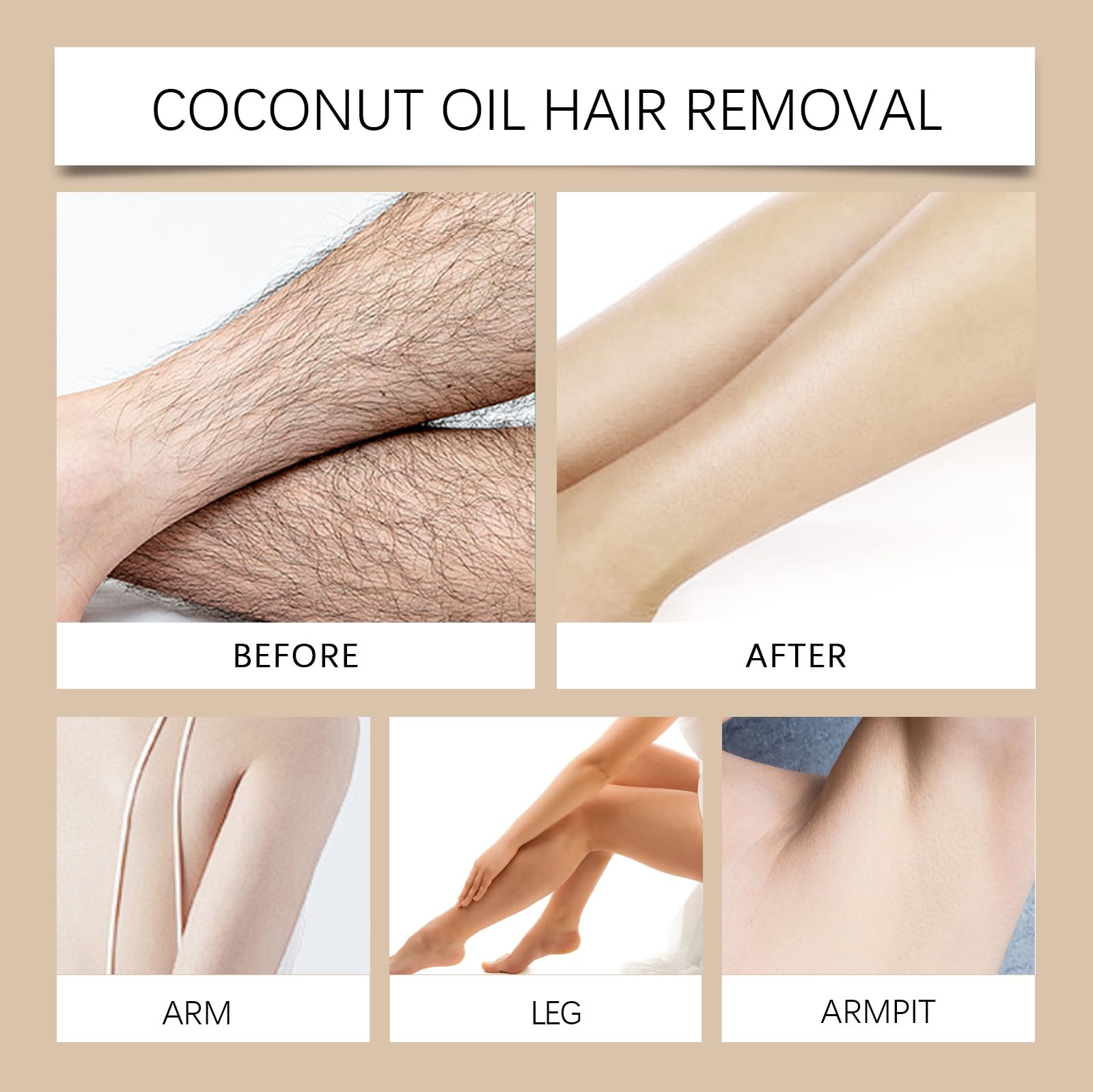 Descripción del producto: Crema de depilación facial con aceite de coco para rostro y cuerpo, pelo de labios y barba, calmante, suave, no adhesivo, adecuado para axilas, piernas, hombres y mujeres (5