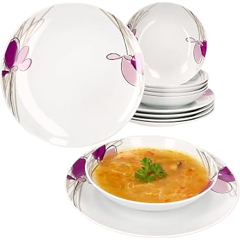 MamboCat Viola 12-Piece Dinner Service I Porcelain Crockery with Flower Decoration for 6 People I 6 x Soup Plates and 6 x Dinner Plates for Breakfast Lunch & Dinner