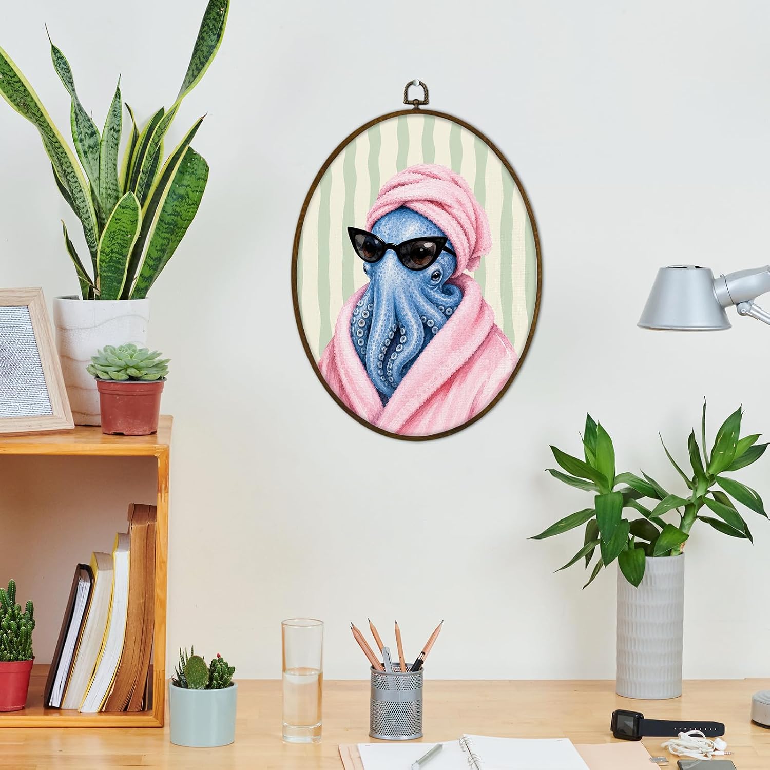 GWFSJYU Funny Nautical Octopus Bathroom Framed Oval Wall Art Decor, Coastal Octopus Canvas Prints Wall Art, Trendy Beach Pink Green Striped Hanging Decor for Bathroom Washroom Restroom, 8.7x11.3 Inch image 2