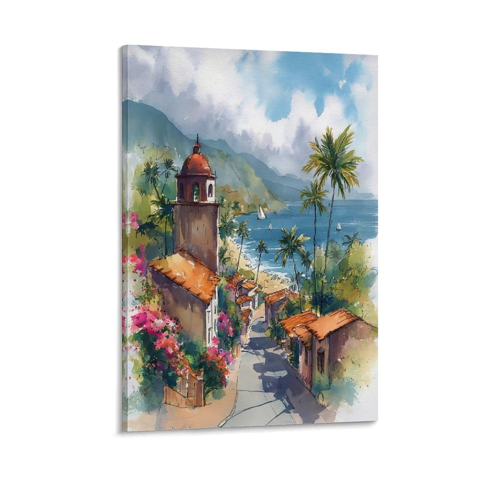 LCYNNH Puerto Vallarta 24x36inch(60x90cm) Vintage Travel Poster Watercolor Canvas Art