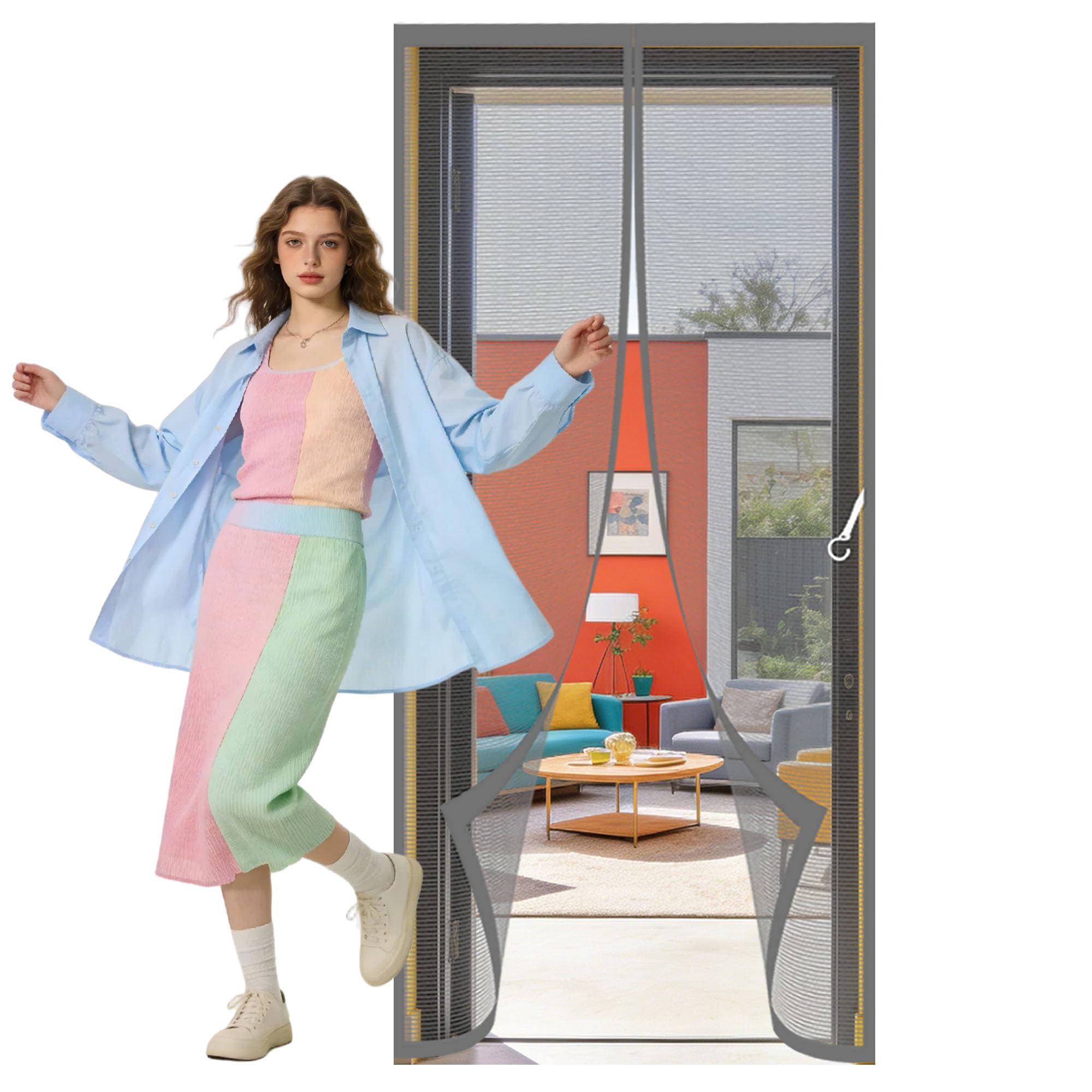Magnetic Door Screen 107 x 215 cm No Drill Installation Magnetic Fly Curtain Powerful Magnets and Full Frame Magic Tape for Living Room, Bedroom, Patio, Grey