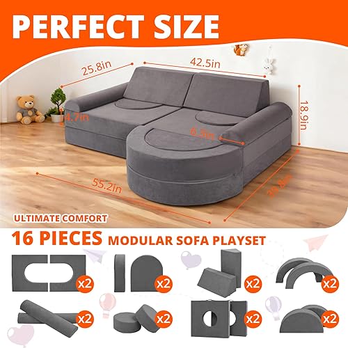 Miniatura 2 de Sofá modular de juego para niños, 16 piezas, sofá de construcción para sala de juegos y dormitorio, sofá modular de juegos para niños y niñas, sofá