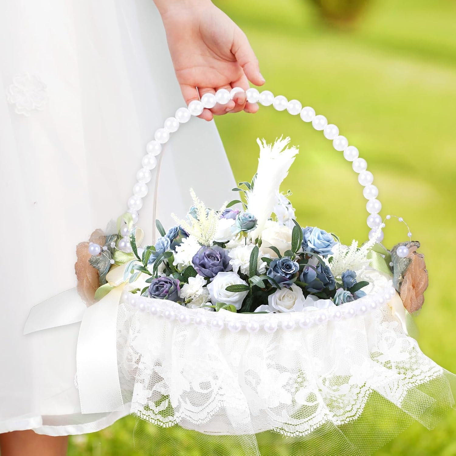 Flower Girl Basket for Wedding with Satin Lace, Pearl Handle, Small Size, Delicate Petal Basket for Garden and Ceremony Use