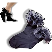 Black Ruffled Lace Ankle Socks for Women, Cotton