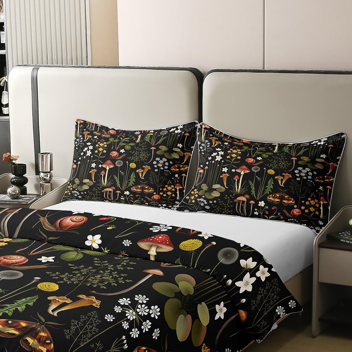 Cute Mushroom 100% Cotton Duvet Cover Wild Flowers Jungle Plants Decor Bedding Set for Kids Teens Adults Natural Moth Snail Rustic Style Comforter Cover with 1 Pillowcase(No Comforter) Twin Size 2 Pcs