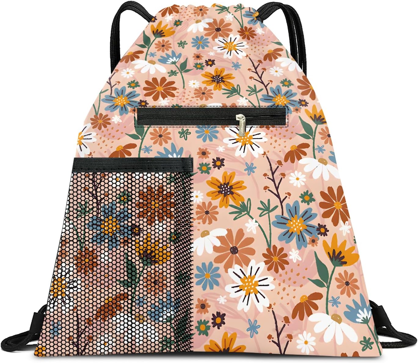 Drawstring Backpack Sports Gym Bag, Large String Swim Bag for Beach With Water Bottle Mesh Pocket, Cute Gym Sack with Zipper Pocket for Men Women Boho Orange Floral